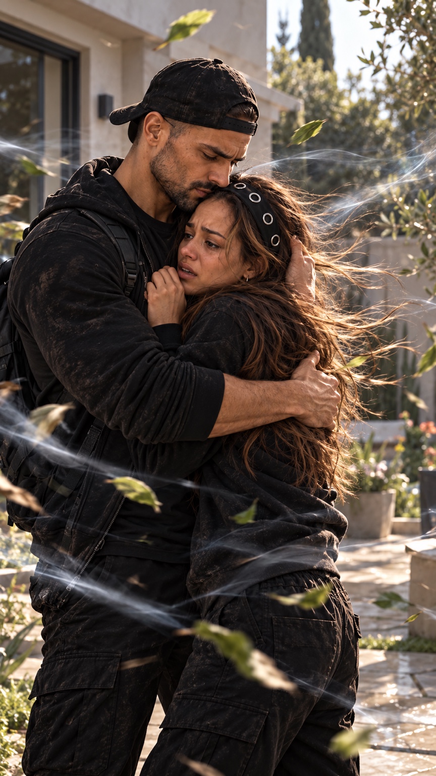 Daniel abraza y protege a Lina en el jardín mientras el viento y las hojas continúan girando a su alrededor.