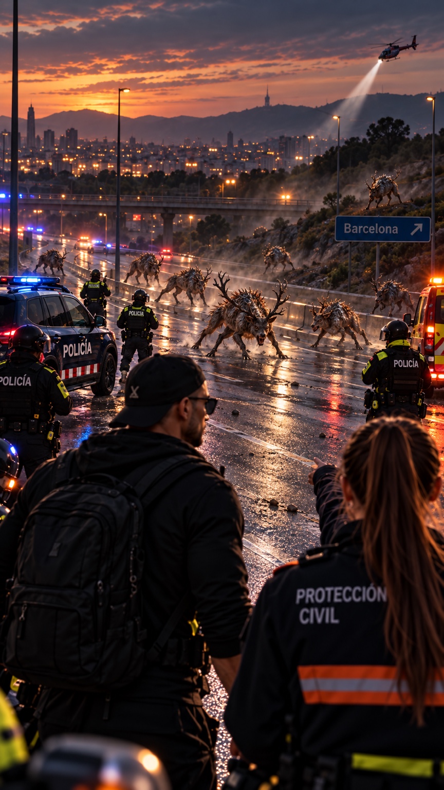 Varios animales alterados adoptan una actitud agresiva mientras la policía mantiene un perímetro de seguridad.