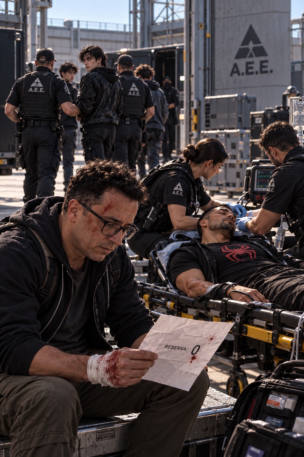 Armando looks at Daniel's zero Reserve result while medics treat the unconscious Daniel and security escorts Darian away.