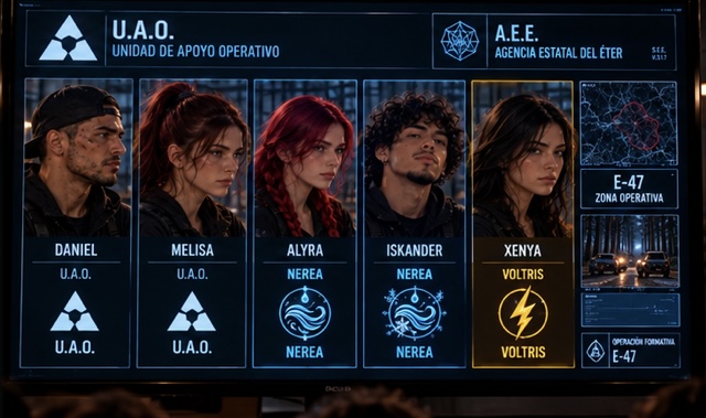 Pantalla con Daniel, Melisa, Alyra, Iskander y Xenya y sus identificaciones durante la salida formativa E-47.