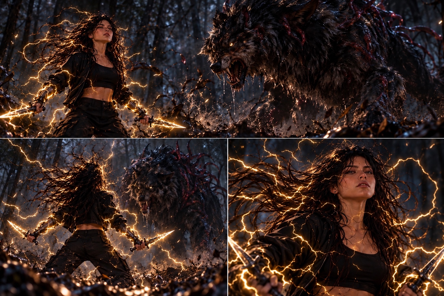 Xenya stands between the Alpha and E-47 as electricity runs along her daggers.
