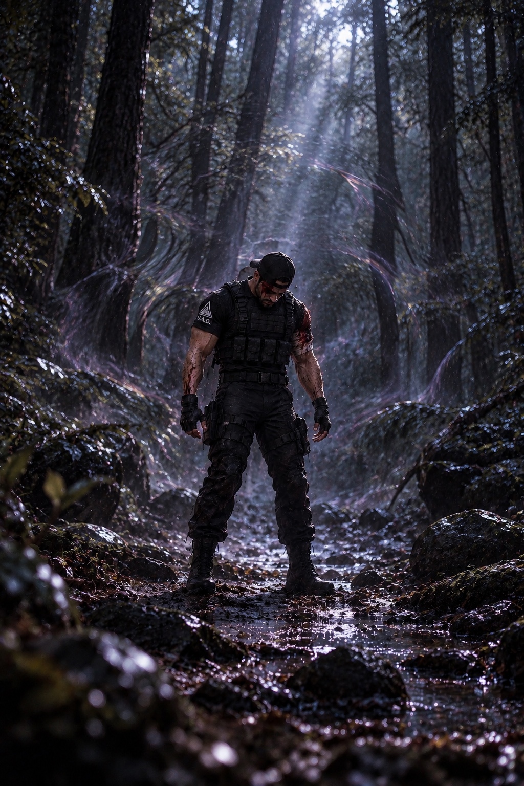 Daniel stands wounded and exhausted as a faint outline distorts the forest around him.