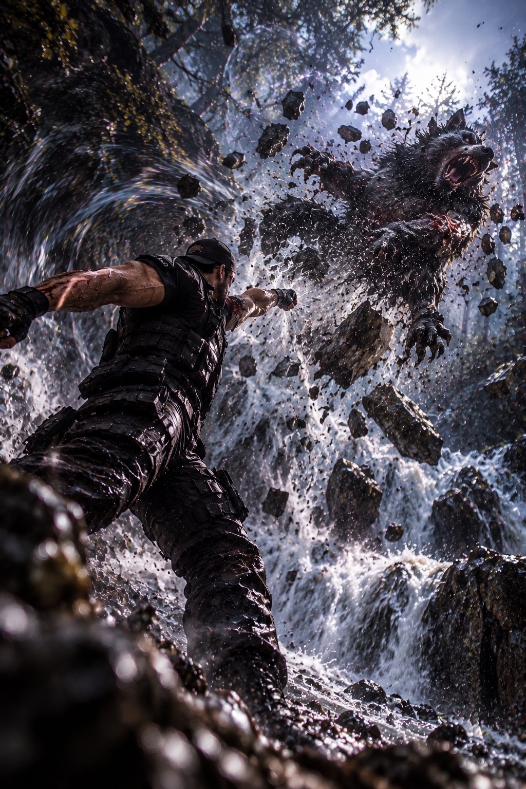 The Alpha is flung across the stream bed after Daniel’s punch, amid water and fragments of rock.